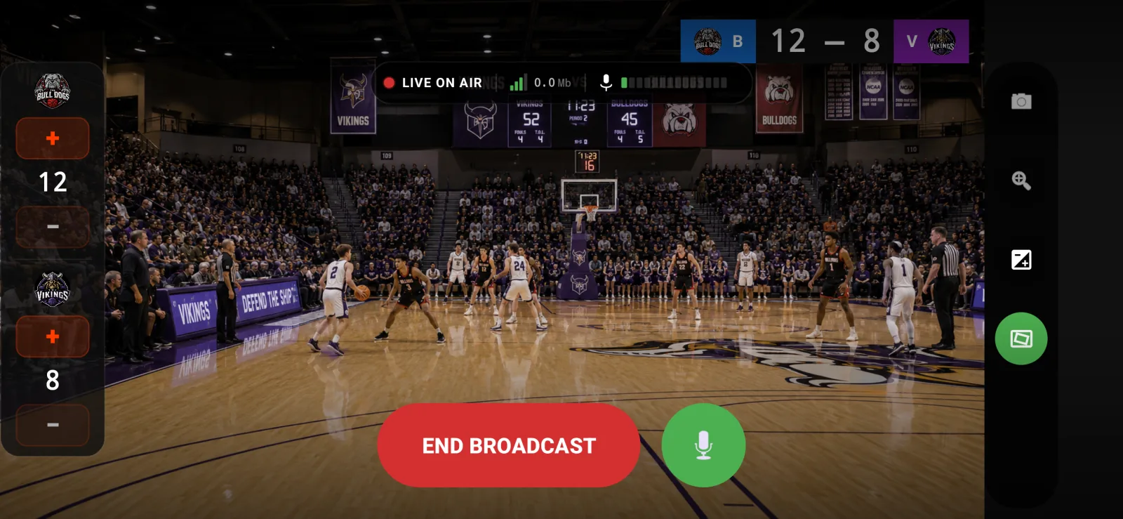 BenchStream streaming a basketball game with a live scoreboard overlay on a phone screen