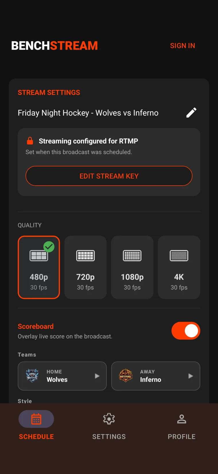 Stream settings screen with quality picker showing 480p, 720p, 1080p, 4K options and scoreboard toggle